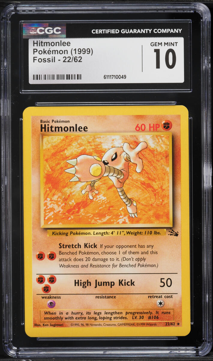1999 Pokemon Fossil Hitmonlee #22 CGC 10 GEM MINT