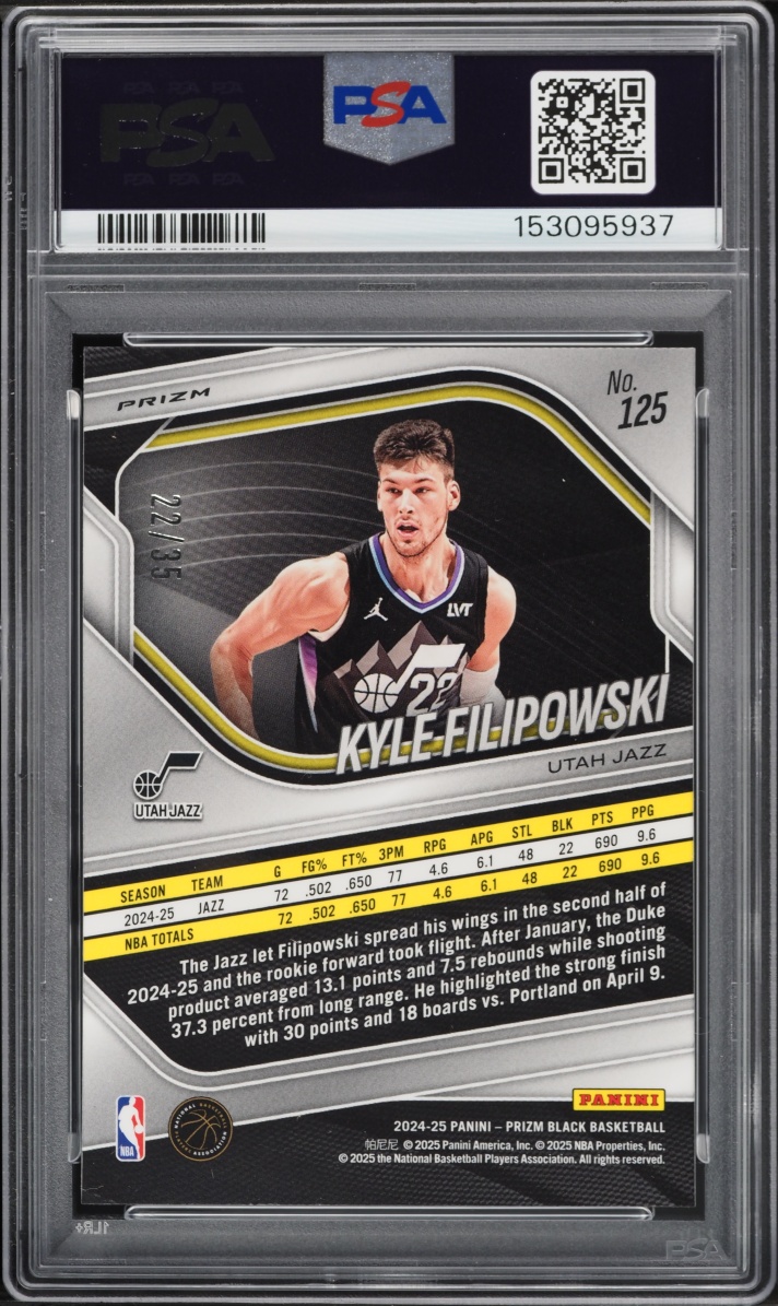 2024 Panini Prizm Black Blue Shimmer FOTL Kyle Filipowski ROOKIE JERSEY # 22/35 #125 PSA 9 MINT