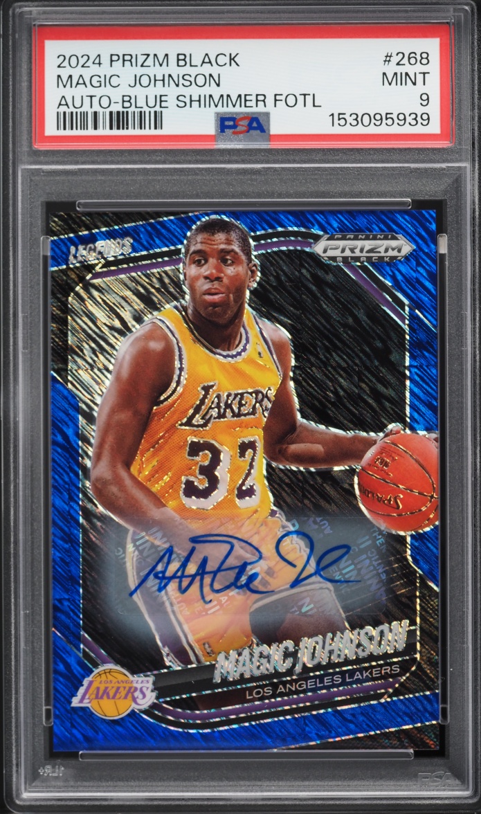 2024 Panini Prizm Black Blue Shimmer FOTL Magic Johnson AUTO /25 #268 PSA 9 MINT