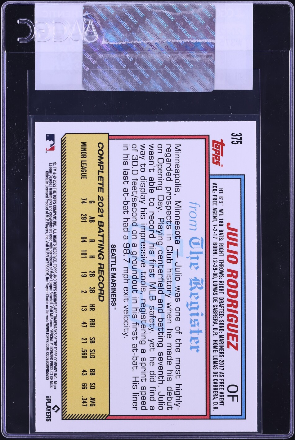 2022 Topps Archives Julio Rodriguez ROOKIE #375 CGC AUTH