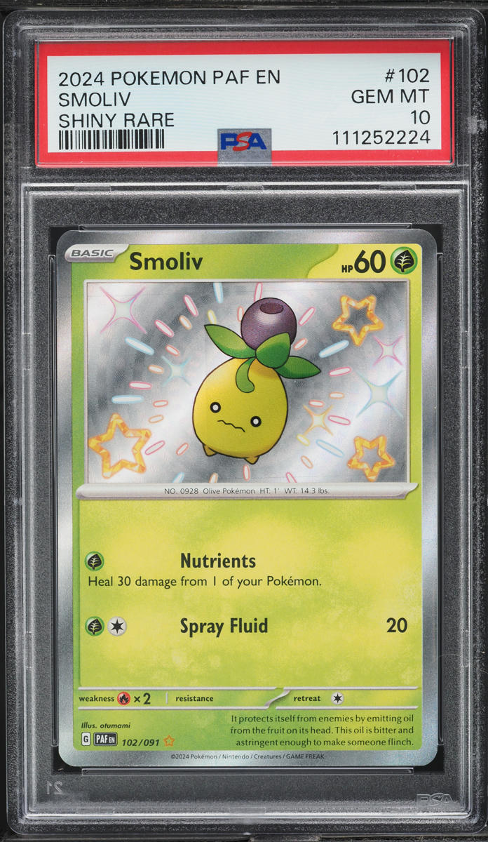 2024 Pokemon Scarlet & Violet Paldean Fates Shiny Smoliv #102 PSA 10 GEM MINT