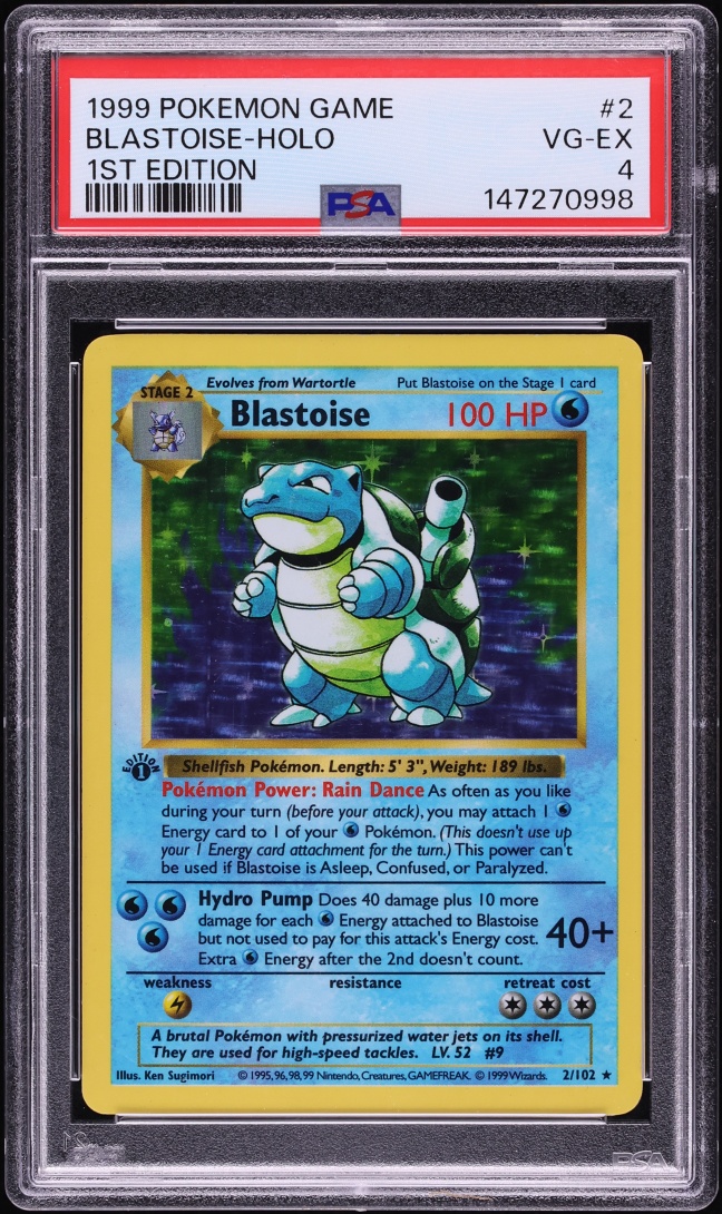 1999 Pokemon Base Set Shadowless 1st Edition Holo Blastoise #2 PSA 4 VGEX