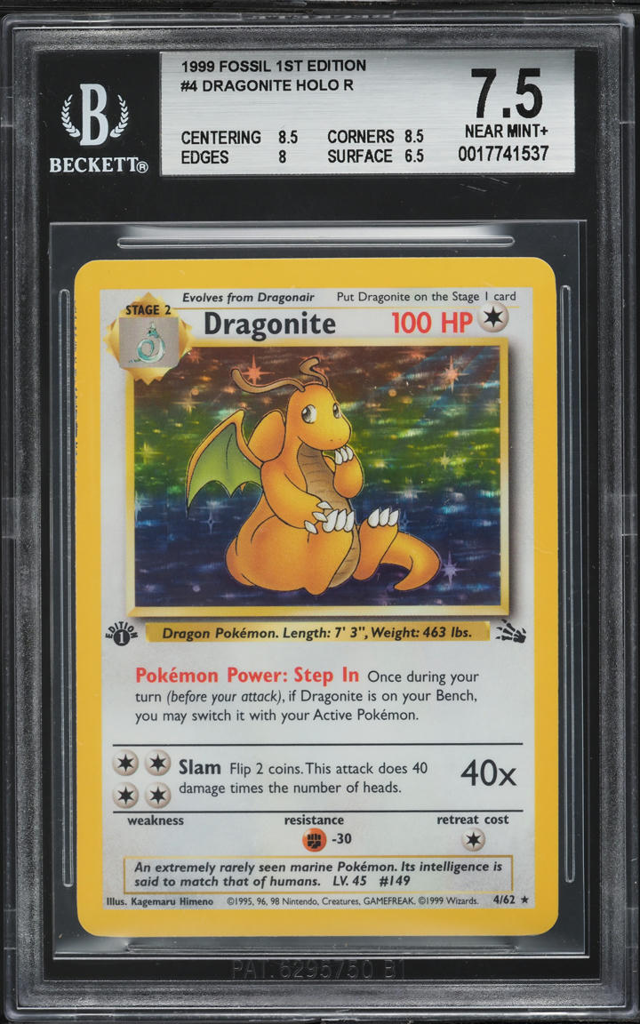 1999 Pokemon Fossil 1st Edition Holo Dragonite #4 BGS 7.5 NRMT+