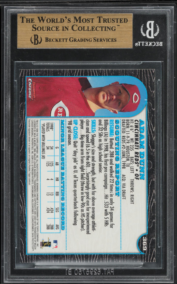 1999 Bowman Chrome Adam Dunn ROOKIE #369 BGS 10 PRISTINE