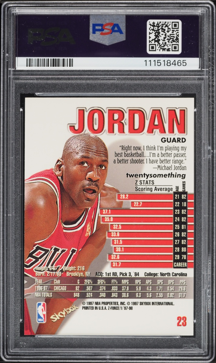 1997 Skybox Z-Force Michael Jordan #23 PSA 10 GEM MINT - Photo 2