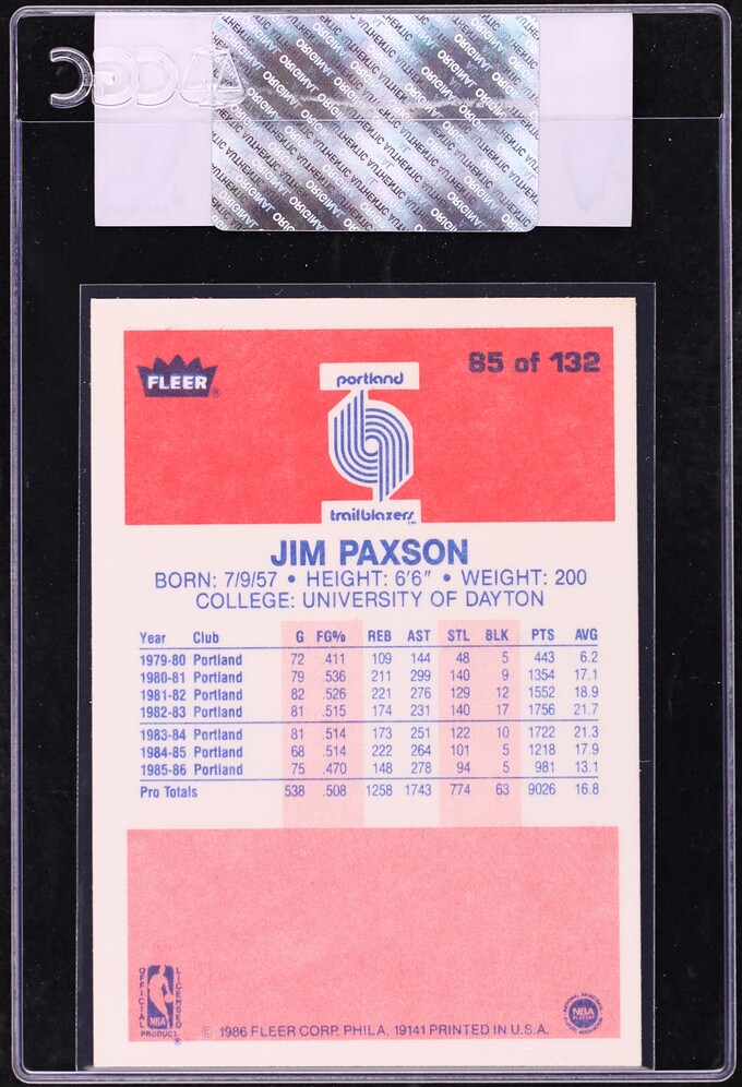 1986 Fleer Basketball Jim Paxson #85 CGC AUTH
