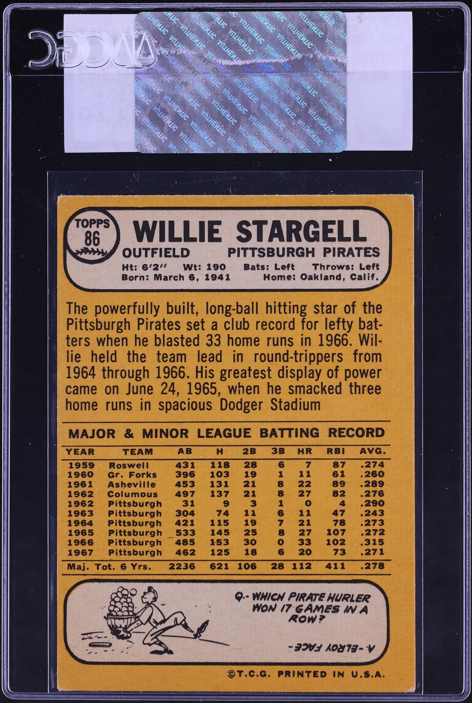 1968 Topps Willie Stargell #86 CGC AUTH