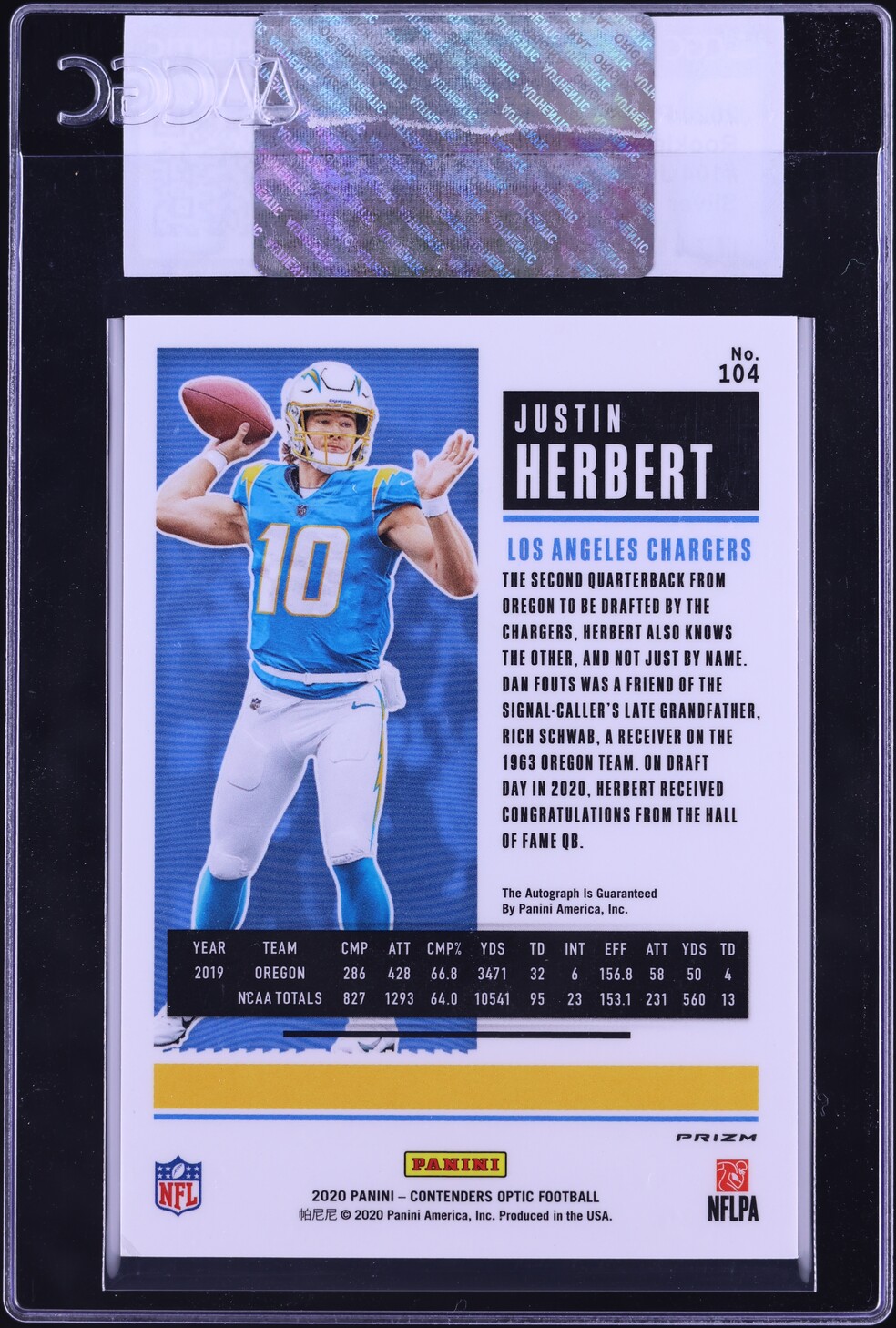 2020 Panini Contenders Optic Silver Justin Herbert ROOKIE AUTO #104 CGC AUTH