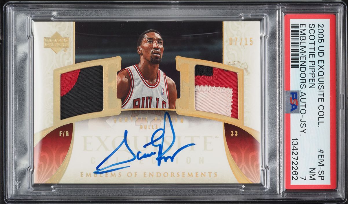 2005 Exquisite Collection Emblems Of Endorsements Jersey Scottie Pippen PATCH AUTO /15 PSA 7