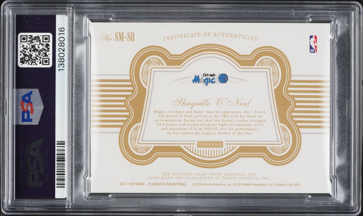 2017 Panini Flawless Signature Prime Materials Shaquille O'Neal PATCH AUTO /25 #SM-SO PSA 10