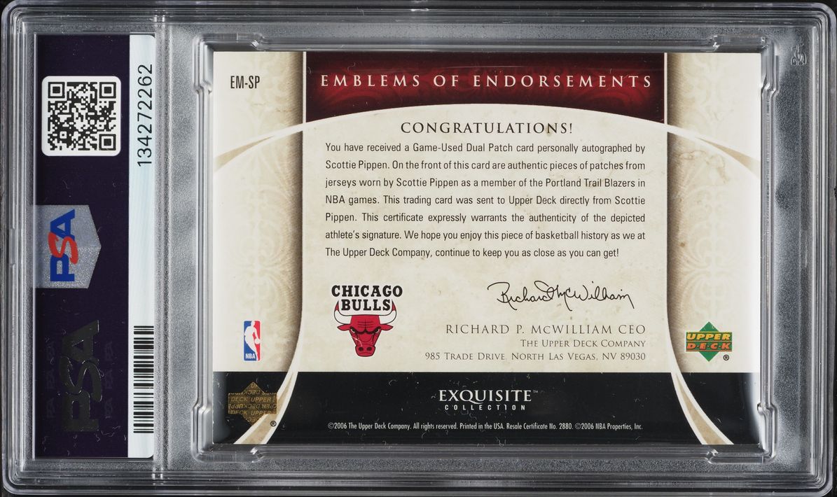 2005 Exquisite Collection Emblems Of Endorsements Jersey Scottie Pippen PATCH AUTO /15 PSA 7