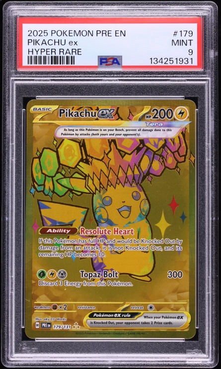 2025 Pokemon Scarlet & Violet Prismatic Evolutions Gold Rare Pikachu ex #179 PSA 9 MINT