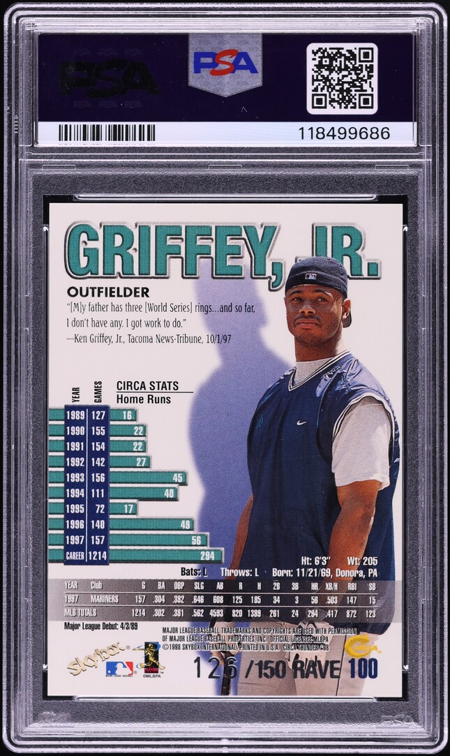 1998 Skybox Circa Thunder Rave Ken Griffey Jr. /150 #100 PSA 8 NM-MT