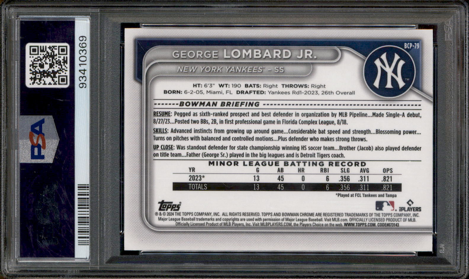 2024 Bowman Chrome Prospects Blue BCP79 Lombard Jr RC Rookie