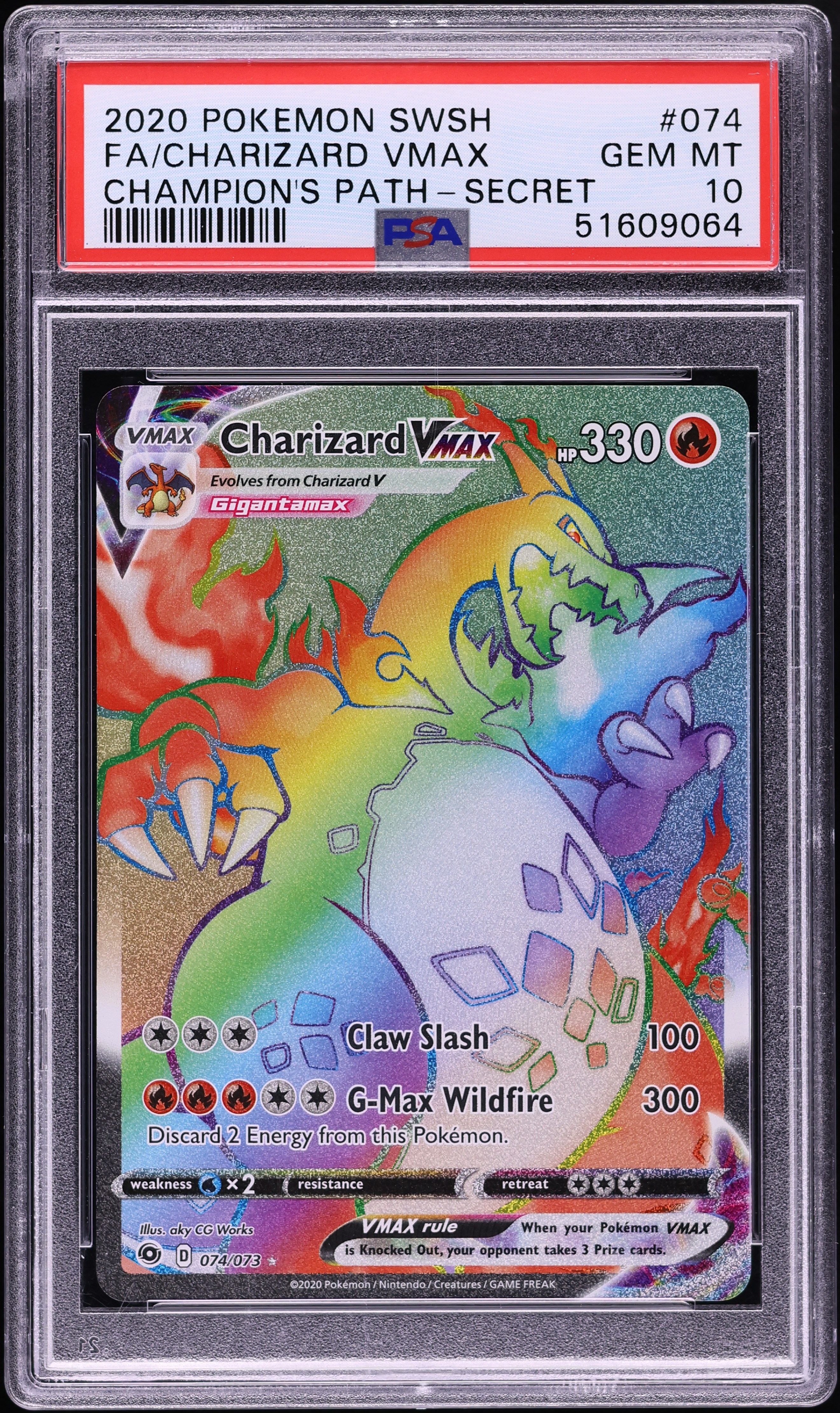 2020 Pokemon Sword & Shield Champion's Path Rainbow Rare Charizard VMAX #74 PSA 10 GEM MINT