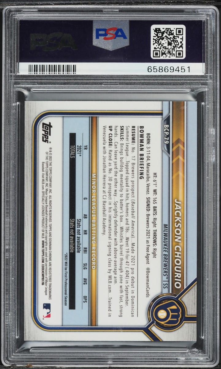 2022 Bowman Chrome Aqua Shimmer Refractor Jackson Chourio PROSPECT /125 PSA 10