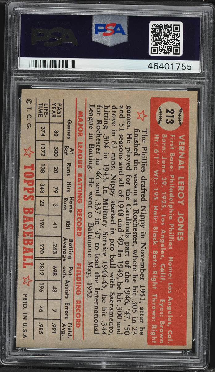1952 Topps Nippy Jones #213 PSA 8 NM-MT