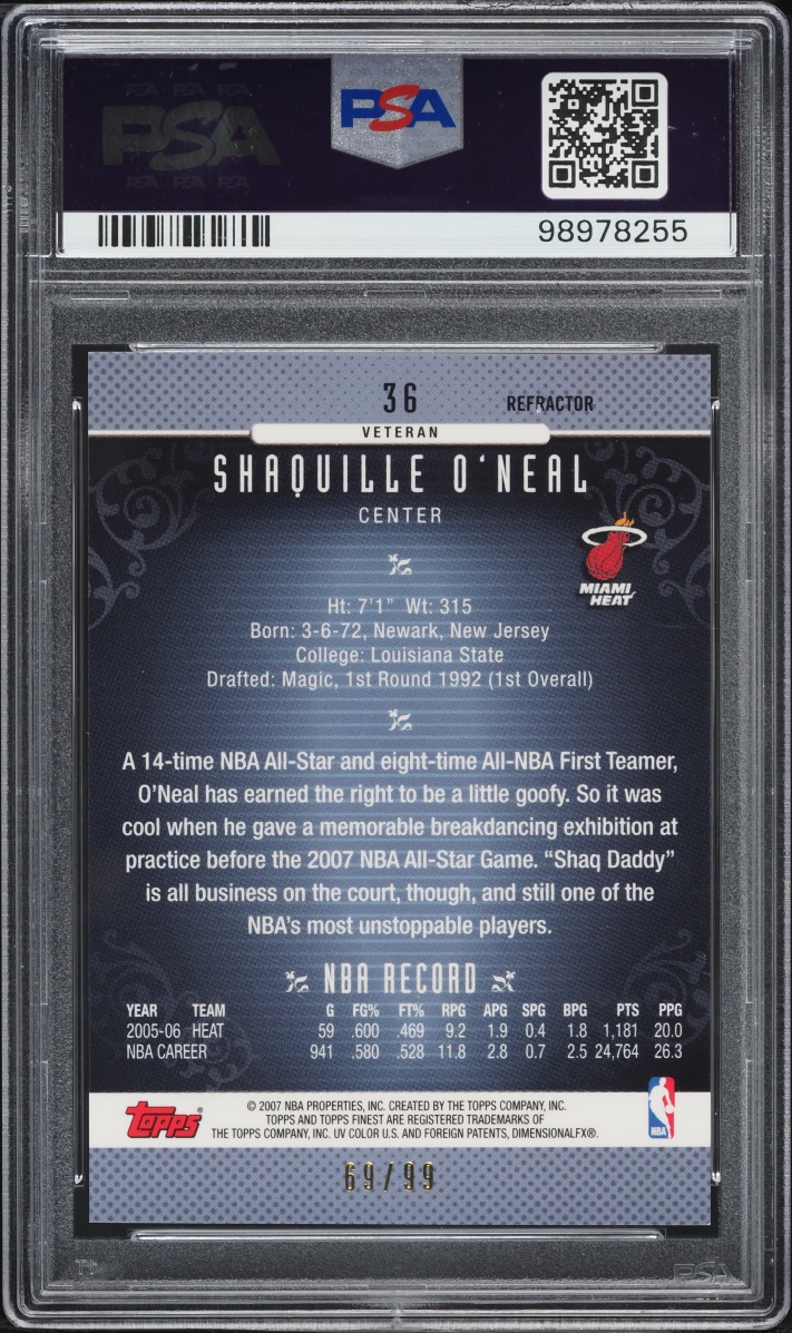 2006 Finest Black Refractor Shaquille O'Neal /99 #36 PSA 9 MINT
