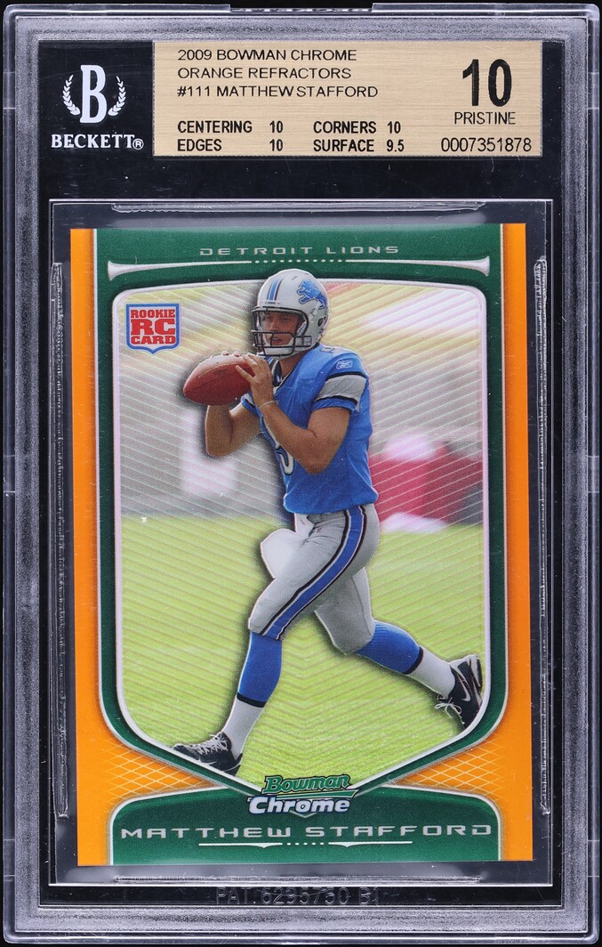 2009 Bowman Chrome Orange Refractor Matthew Stafford ROOKIE /25 #111 BGS 10 PRISTINE - Photo 1