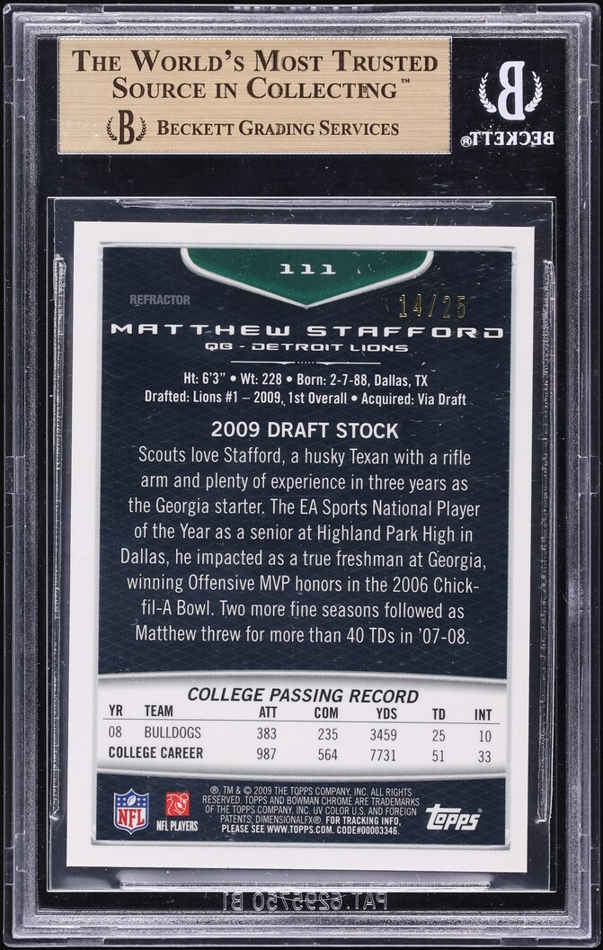 2009 Bowman Chrome Orange Refractor Matthew Stafford ROOKIE /25 #111 BGS 10 PRISTINE - Photo 2