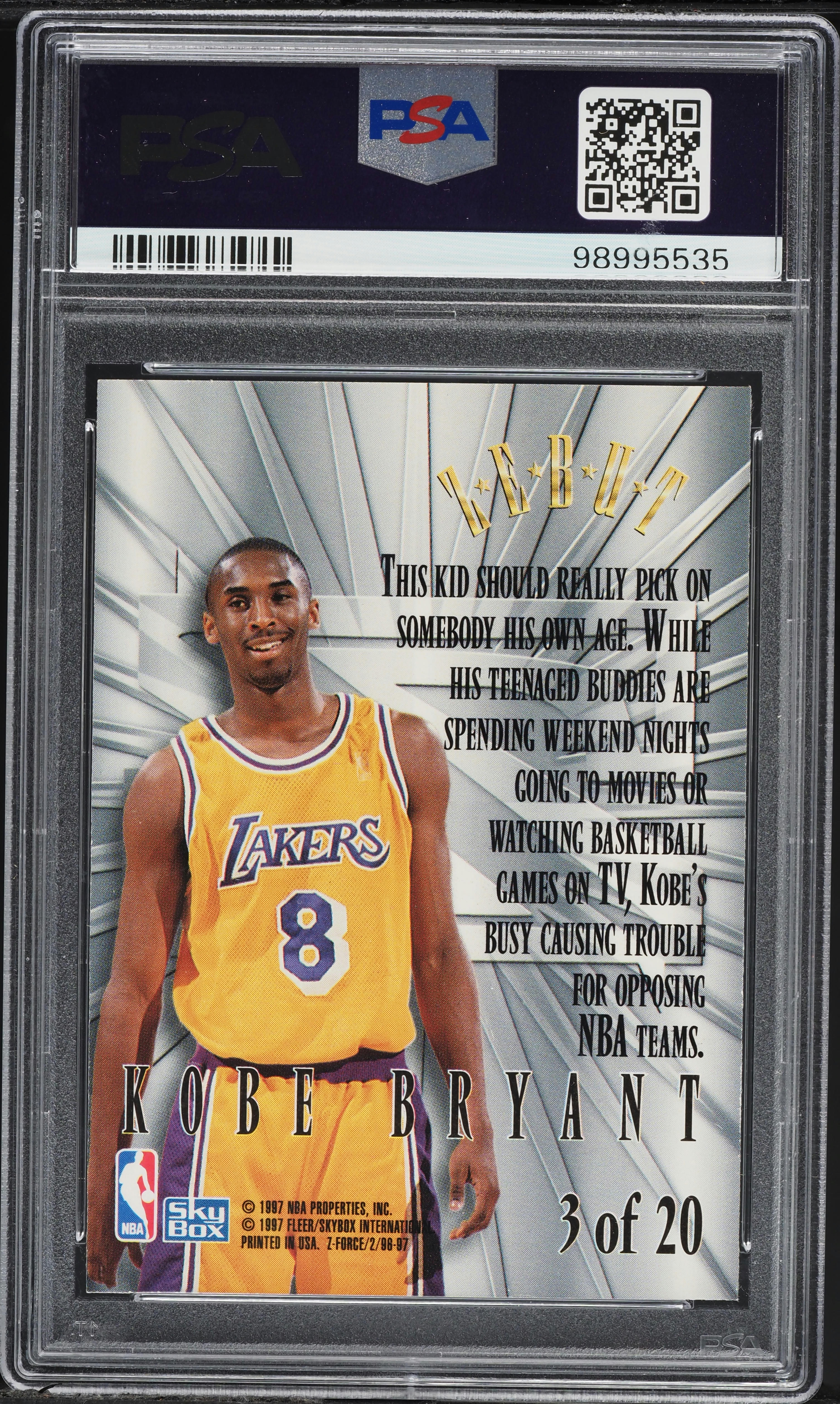 その他 1996 Skybox Z-Force Zebut Kobe #3 RC 1996 Skybox Z-Force Z-Peat Zebut Kobe Bryant ROOKIE #3 PSA 9