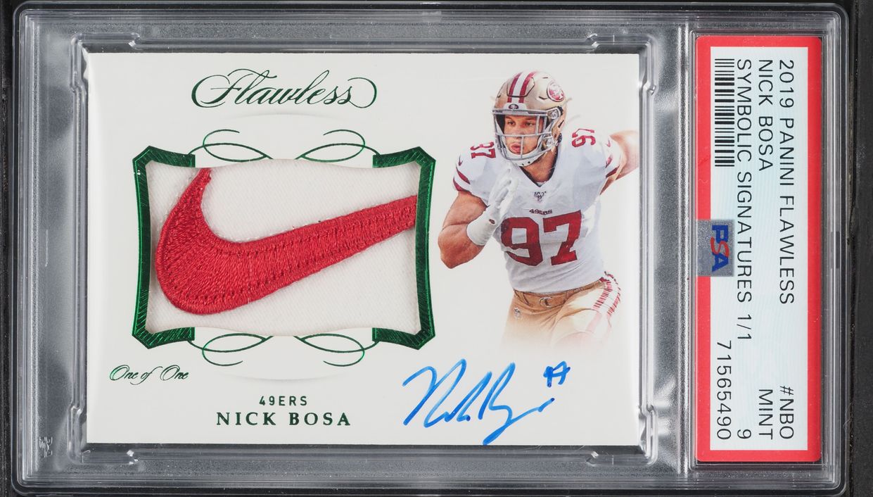 2019 Panini Flawless Symbolic Nick Bosa ROOKIE NIKE PATCH AUTO 1/1 #SLS-NBO PSA 9 MINT