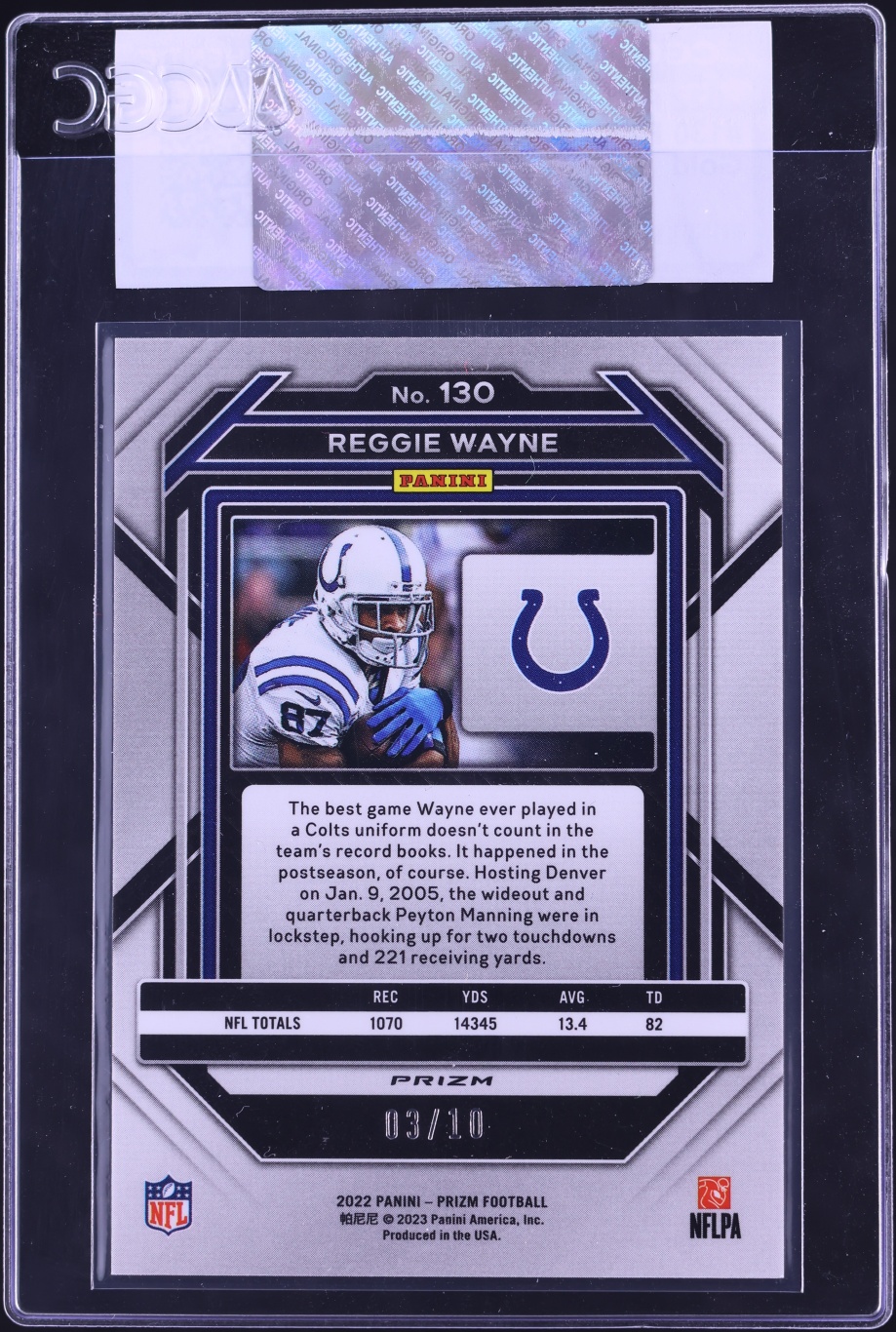 2022 Panini Prizm Gold Reggie Wayne /10 #130 CGC AUTH - Photo 2