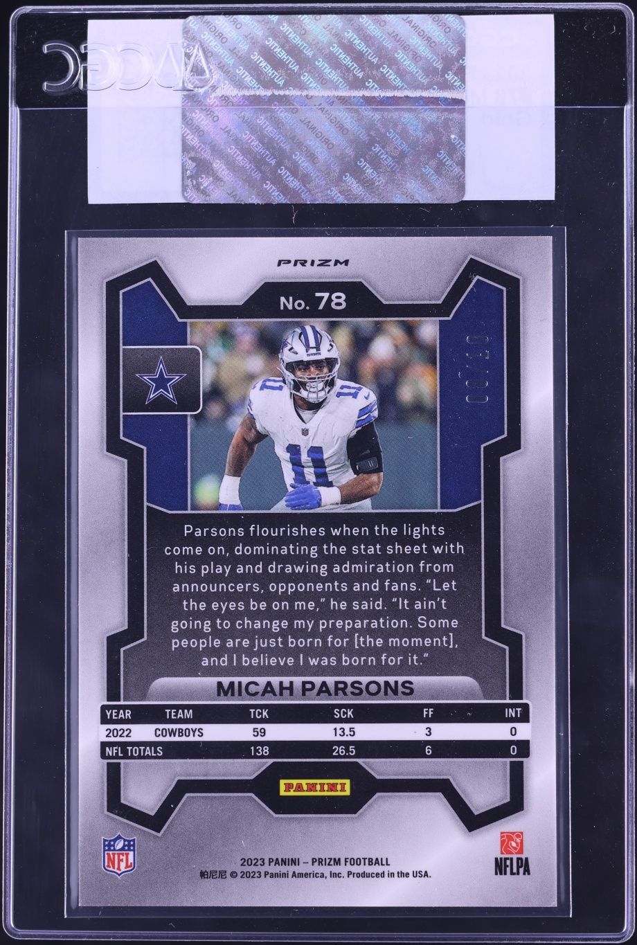 2023 Panini Prizm Gold Micah Parsons /10 #78 CGC AUTH - Photo 2