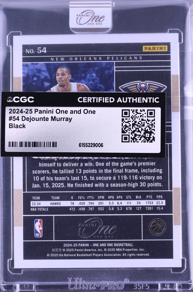 2024 Panini One And One Black Dejounte Murray 1/1 #54 CGC AUTH - Photo 2
