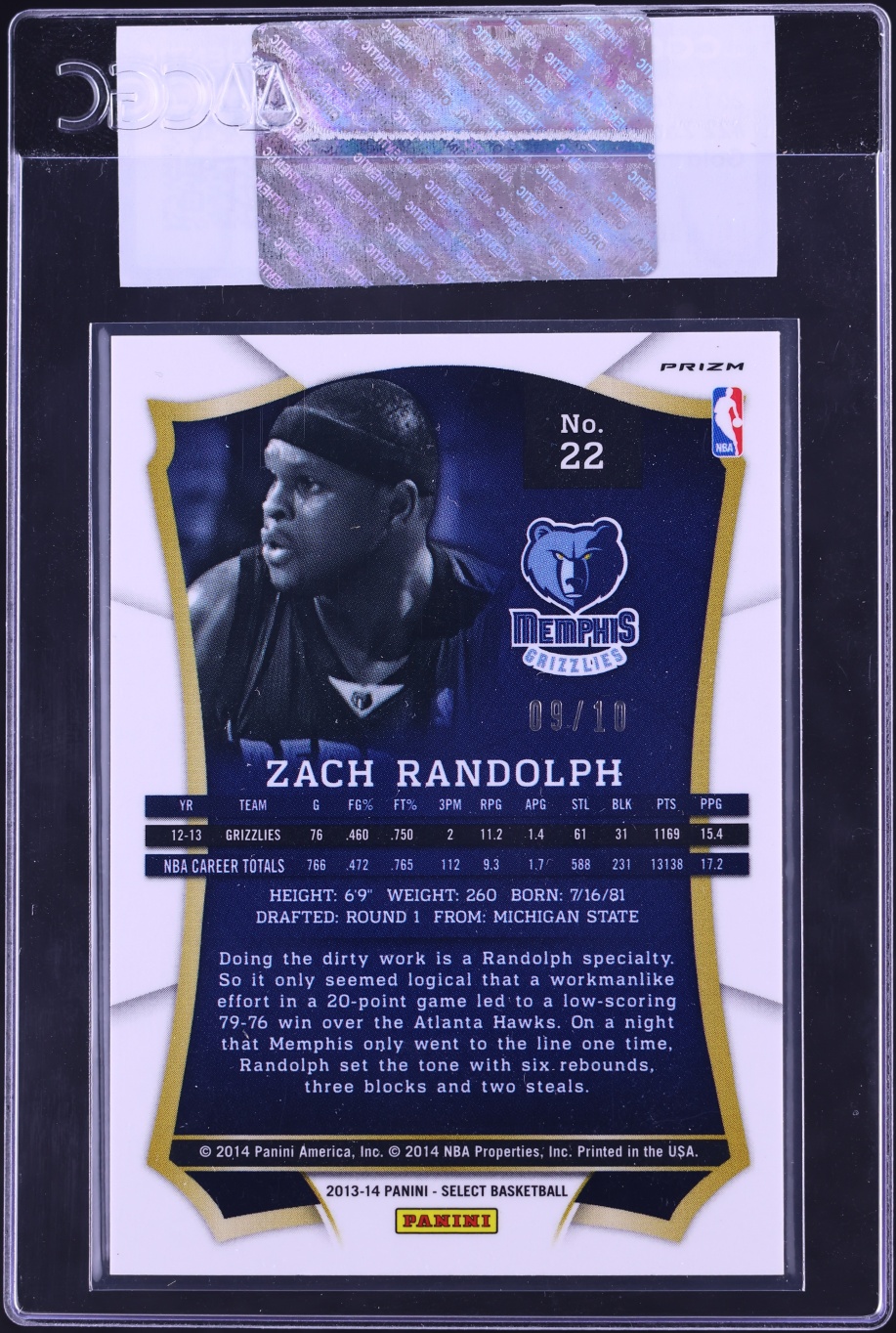 2013 Select Gold Zach Randolph /10 #22 CGC AUTH - Photo 2