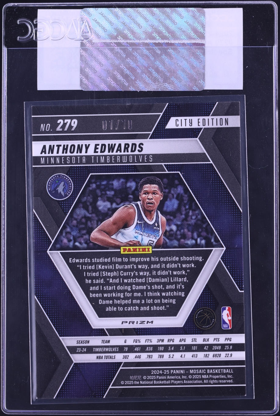 2024 Panini Mosaic Spectris Gold FOTL Anthony Edwards 1/10 #279 CGC AUTH - Photo 2