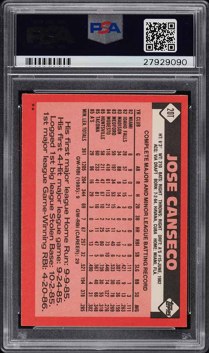 1986 Topps Traded Jose Canseco ROOKIE #20T PSA 10 GEM MINT