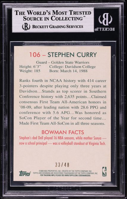 2009 Bowman '48 Black Stephen Curry ROOKIE /48 #106 BGS 8.5 NM-MT+ - Photo 2