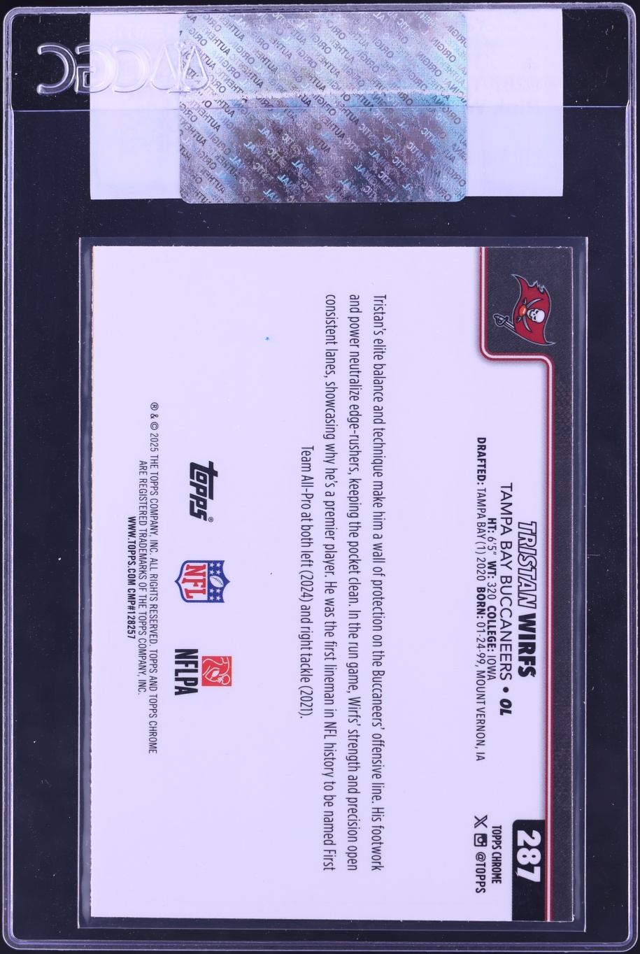 2025 Topps Chrome Pink Wave Refractor Tristan Wirfs /250 #287 CGC AUTH