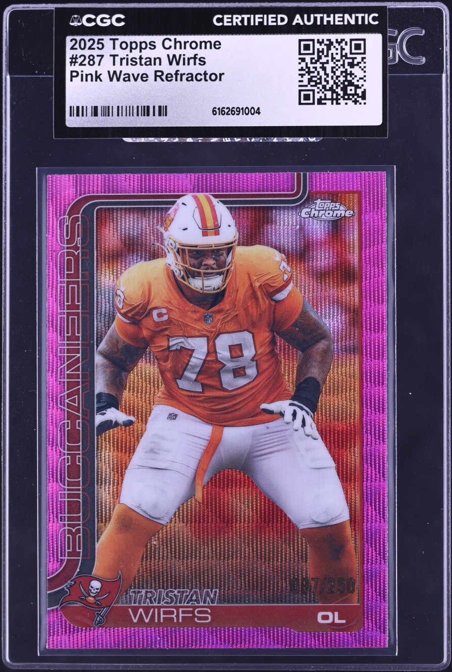 2025 Topps Chrome Pink Wave Refractor Tristan Wirfs /250 #287 CGC AUTH