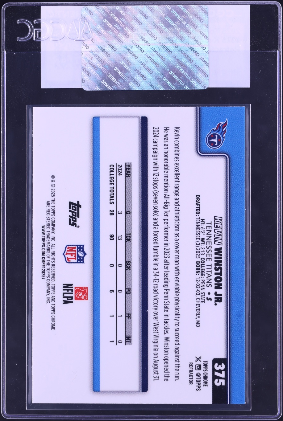 2025 Topps Chrome Refractor Kevin Winston Jr. ROOKIE #375 CGC AUTH