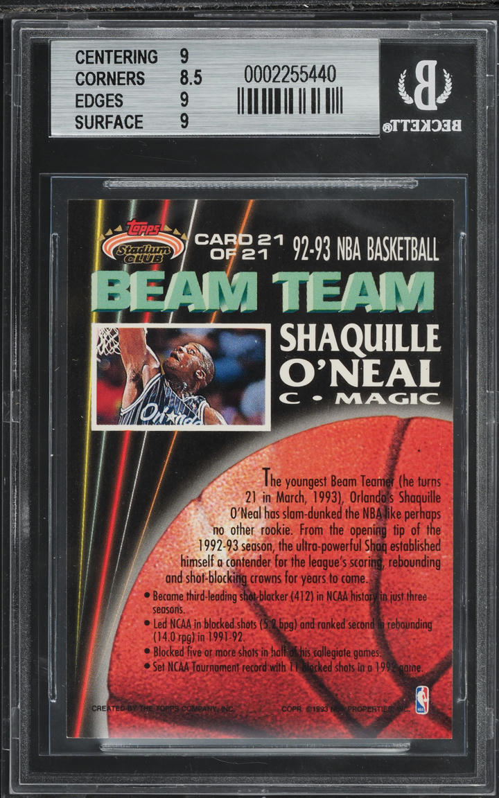1992 Stadium Club Beam Team Shaquille O'Neal ROOKIE #21 BGS 9 MINT