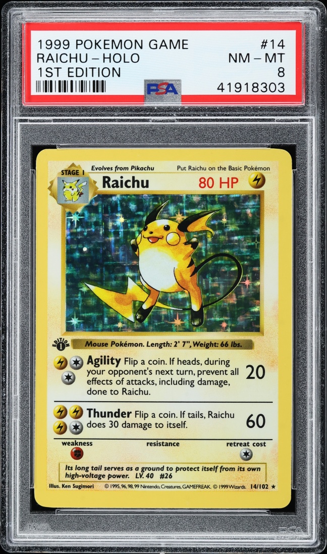1999 Pokemon Base Set Shadowless 1st Edition Holo Raichu #14 PSA 8 NM-MT