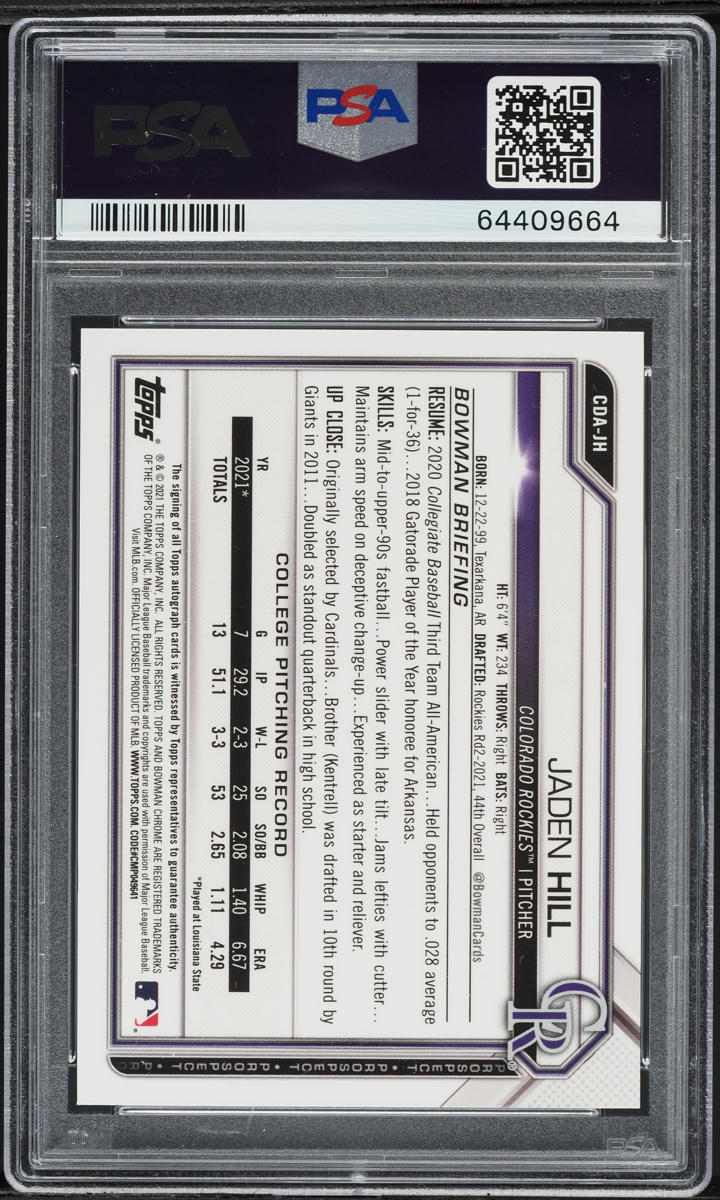 2021 Bowman Chrome Draft Black Wave Refractor Jaden Hill PROSPECT AUTO 1/1 #CDA-JH PSA 10 GEM