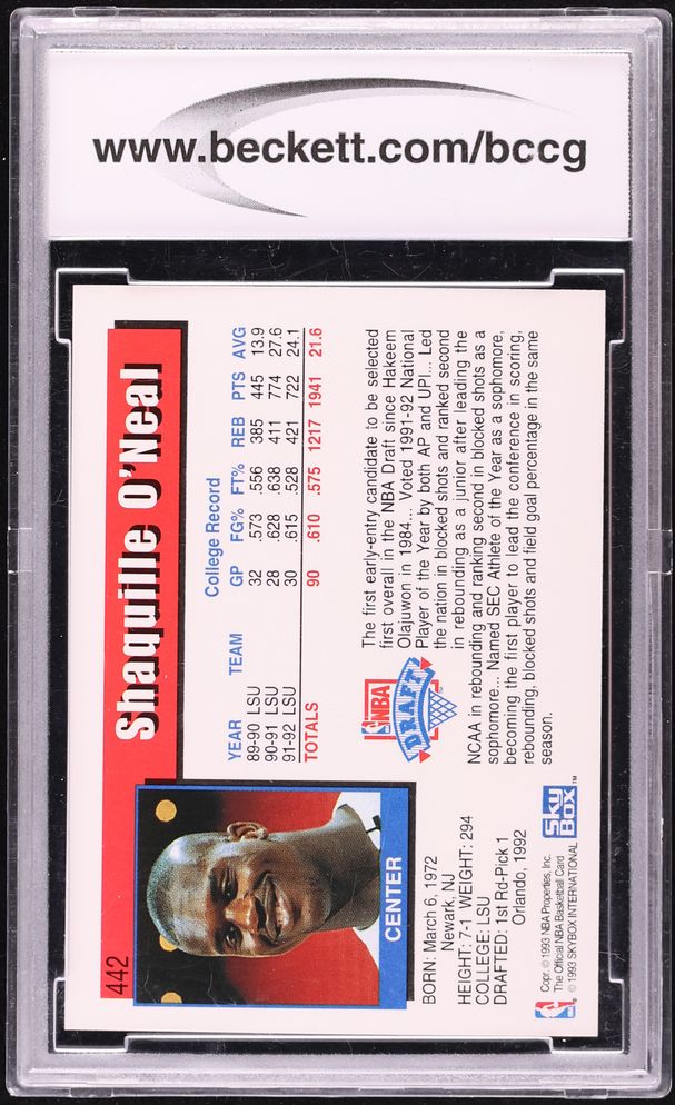 1992 Hoops Shaquille O'Neal ROOKIE #442 BCCG 10