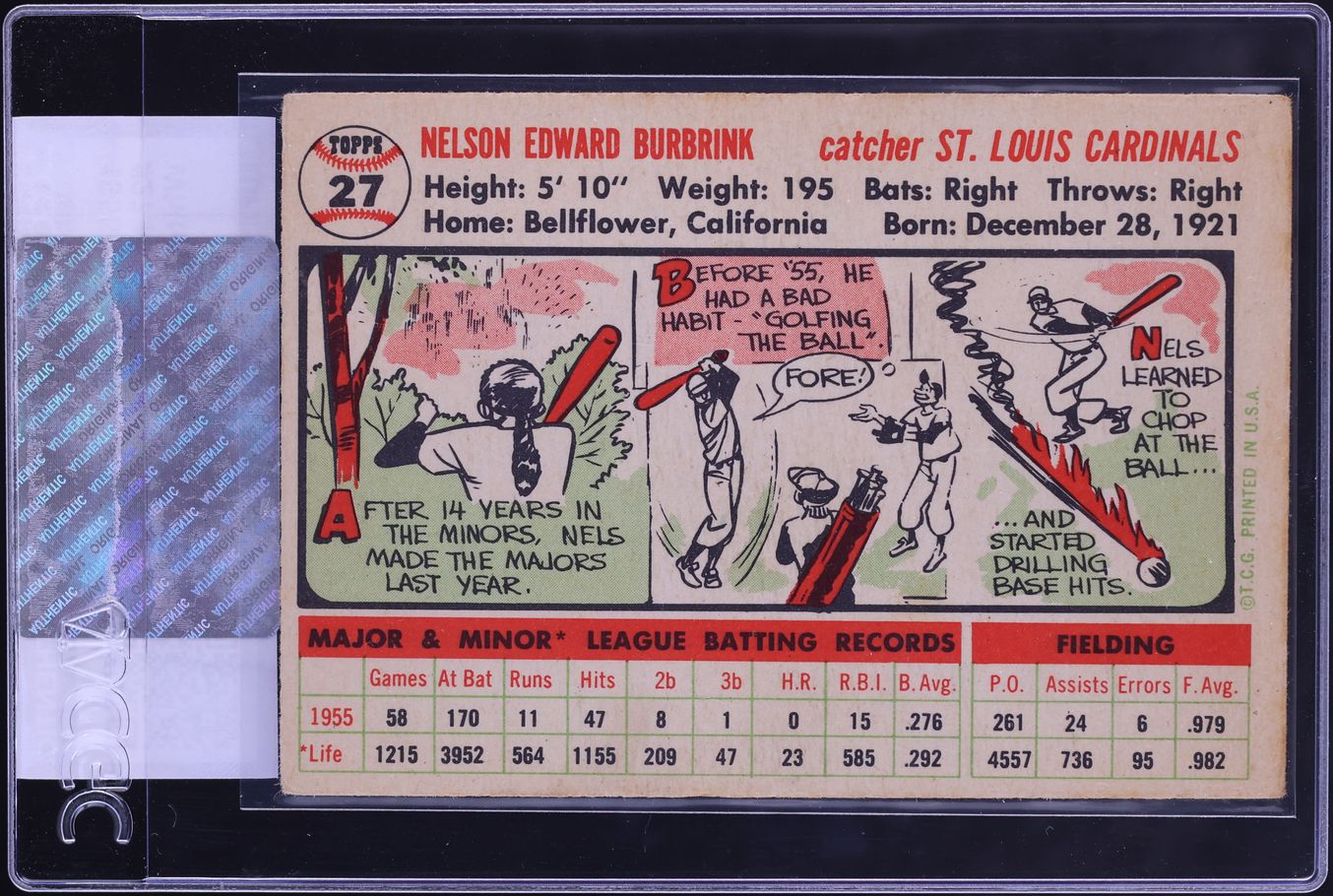 1956 Topps Nelson Burbrink WHITE BACK #27 CGC AUTH