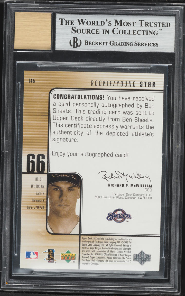 2000 SPx Ben Sheets ROOKIE AUTO /1500 #145 BGS 9 MINT