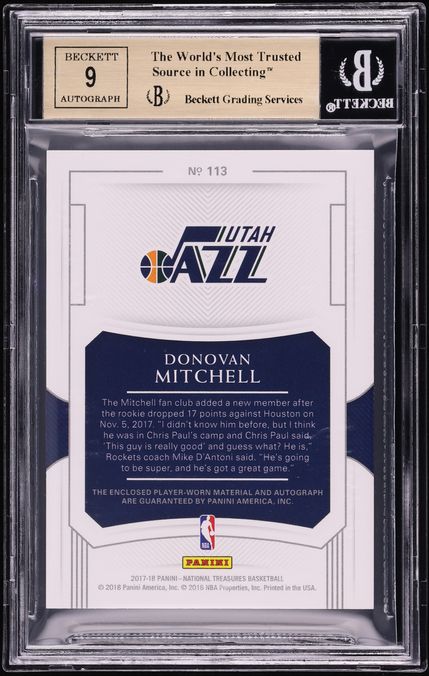 2017 National Treasures Gold Donovan Mitchell ROOKIE PATCH AUTO /10 #113 BGS 9.5 GEM MINT