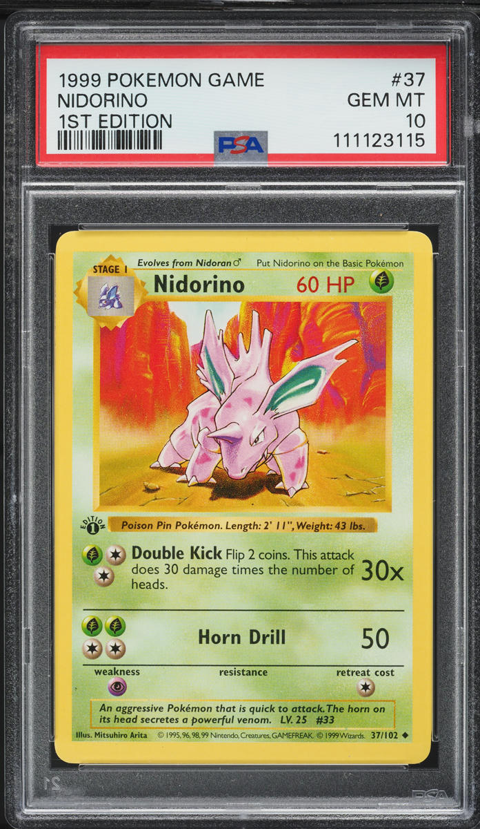 1999 Pokemon Base Set Shadowless 1st Edition Nidorino #37 PSA 10 GEM MINT