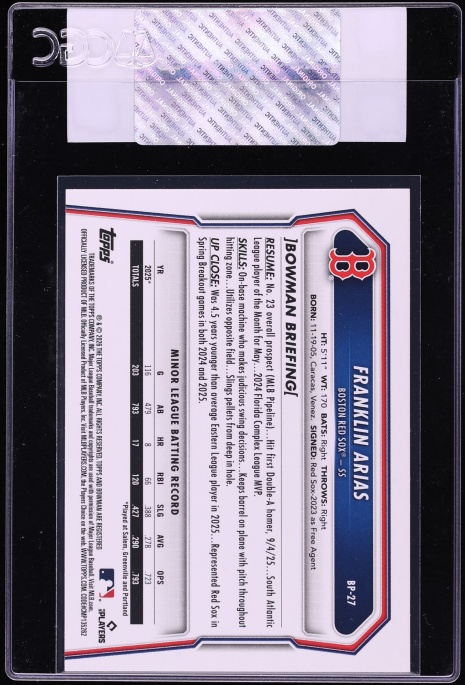 2026 Bowman Purple Franklin Arias PROSPECT /250 #BP-27 CGC AUTH