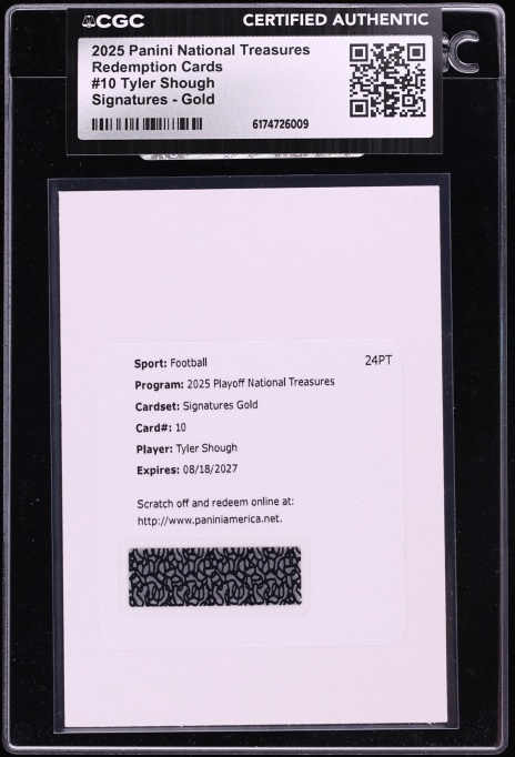 2025 National Treasures Redemption Cards Signatures Gold Auto Tyler Shough #10 CGC AUTH