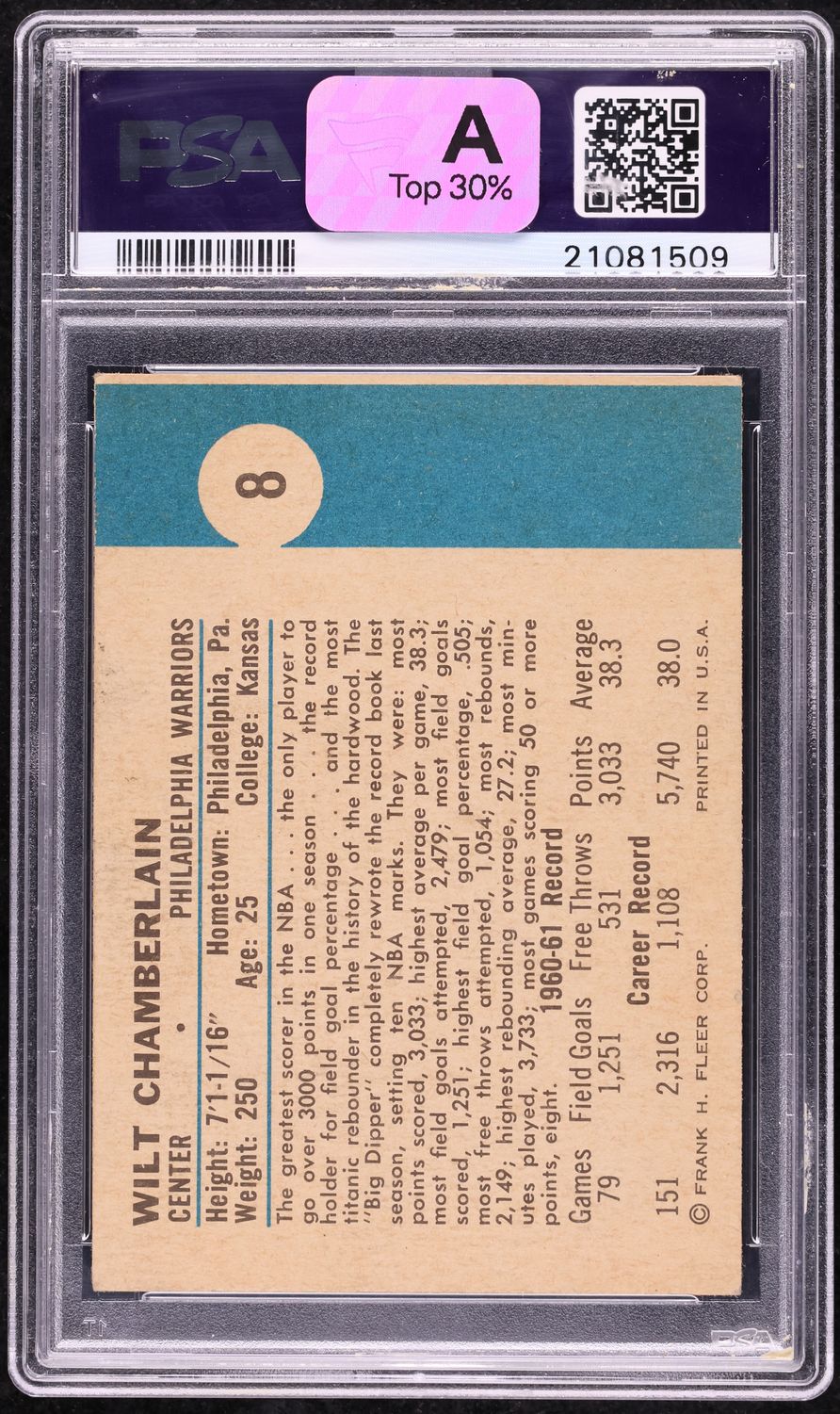 1961 Fleer Basketball Wilt Chamberlain ROOKIE #8 PSA 5.5 EX+