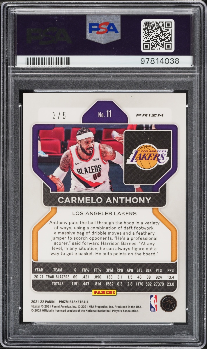 2021 Panini Prizm Black Gold Carmelo Anthony /5 #11 PSA 8 NM-MT