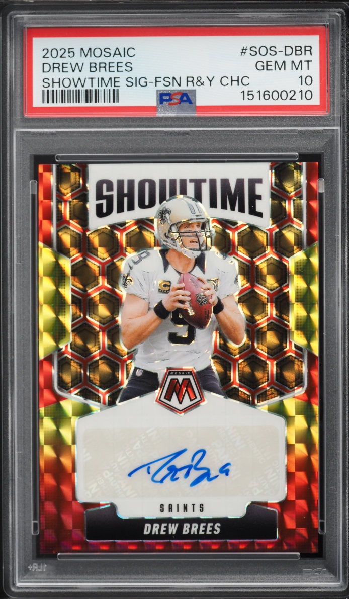 2025 Panini Mosaic Showtime Choice Fusion Red & Yellow Drew Brees AUTO #SOS-DBR PSA 10