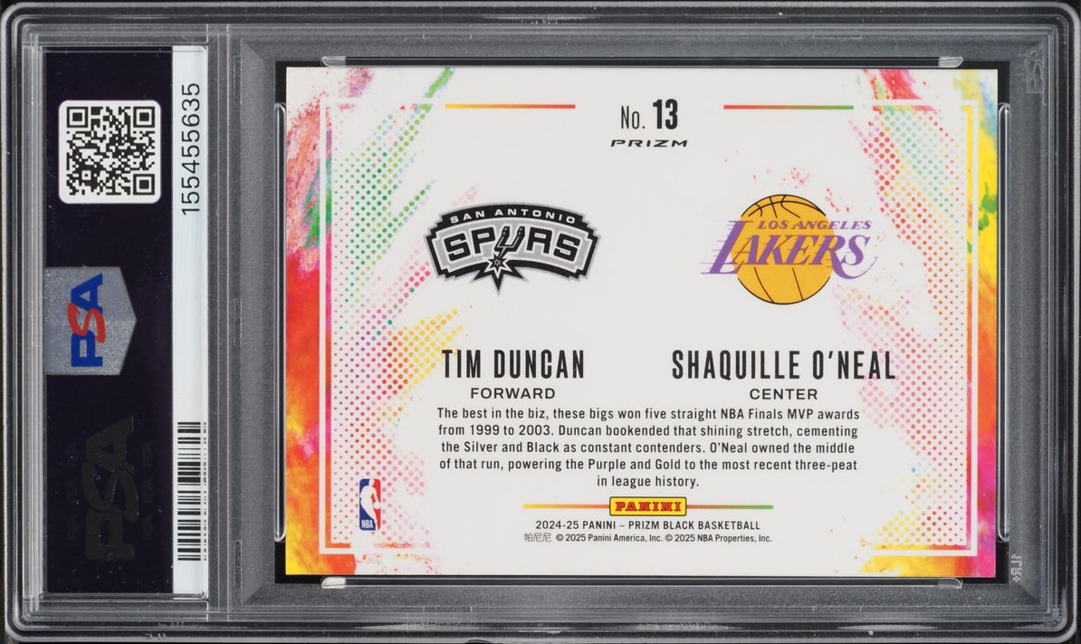 2024 Panini Prizm Black Color Blast Duals Tim Duncan Shaquille O'Neal #13 PSA 10 GEM MINT